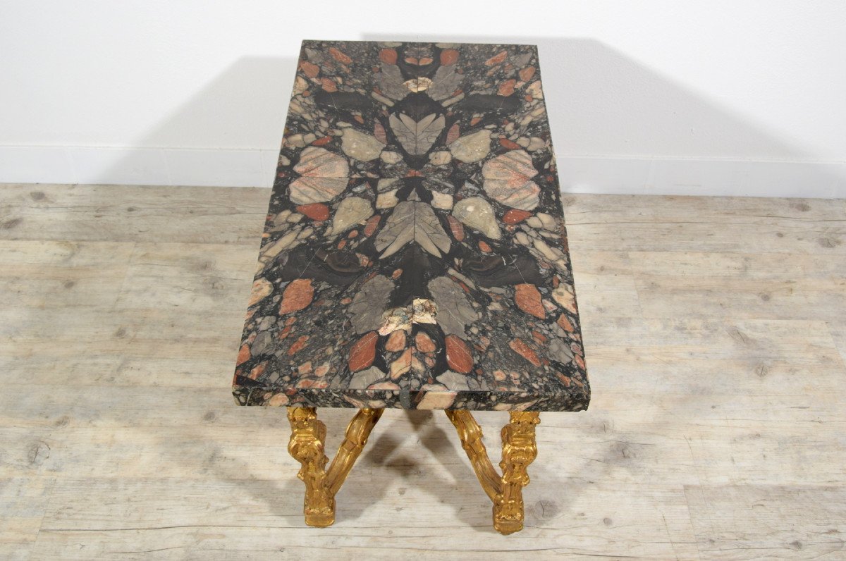 Coffee table  con piano in marmo africano del XVIII secolo, base in legno dorato, Italia-photo-8