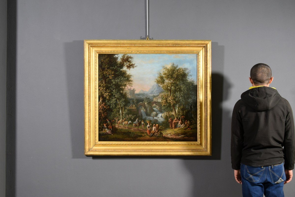 Giovanni Battista Innocenzo Colomba (1713 – 1793)  Paesaggio boscoso con figure, olio su tela-photo-1