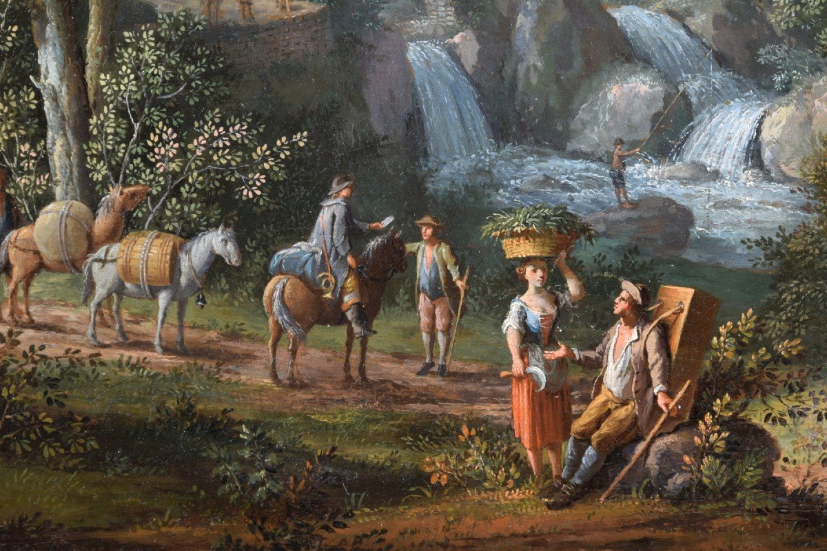 Giovanni Battista Innocenzo Colomba (1713 – 1793)  Paesaggio boscoso con figure, olio su tela-photo-5