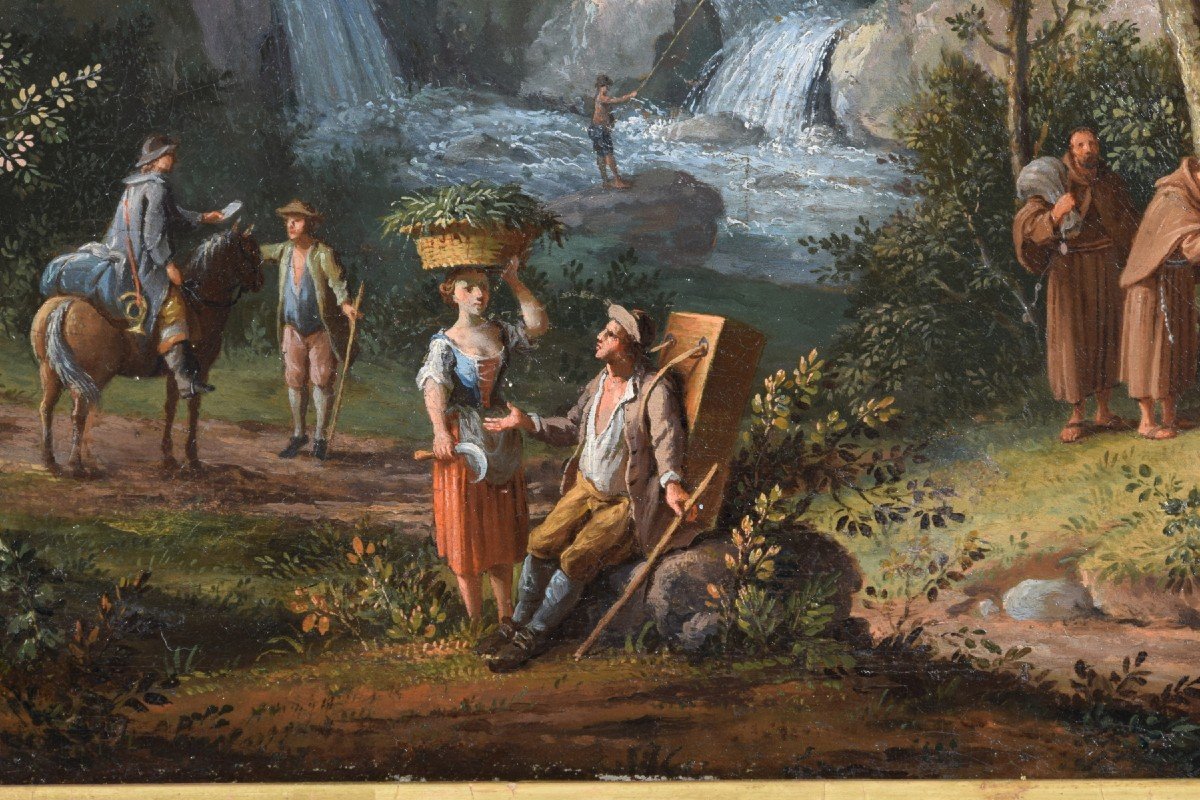 Giovanni Battista Innocenzo Colomba (1713 – 1793)  Paesaggio boscoso con figure, olio su tela-photo-6