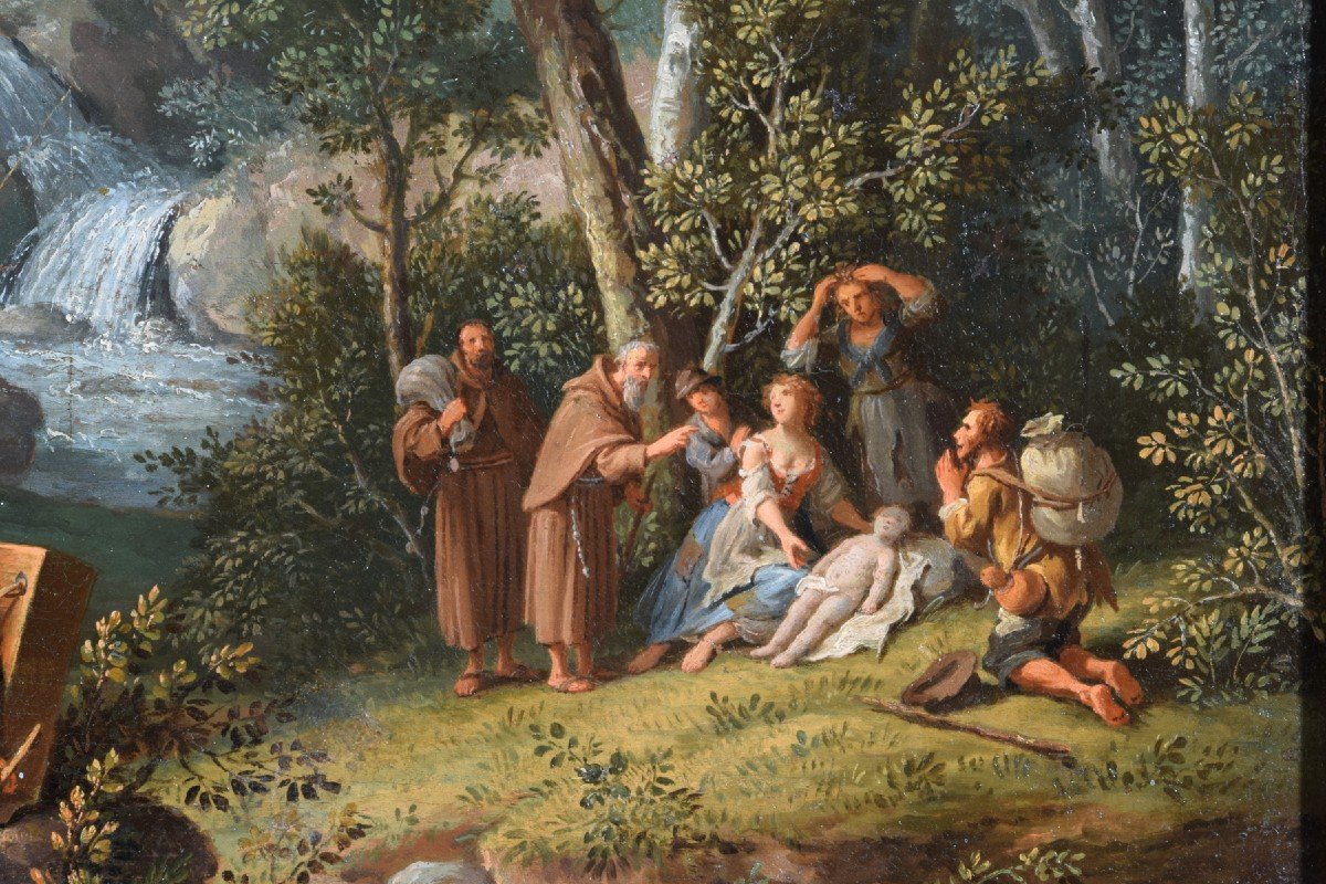 Giovanni Battista Innocenzo Colomba (1713 – 1793)  Paesaggio boscoso con figure, olio su tela-photo-7