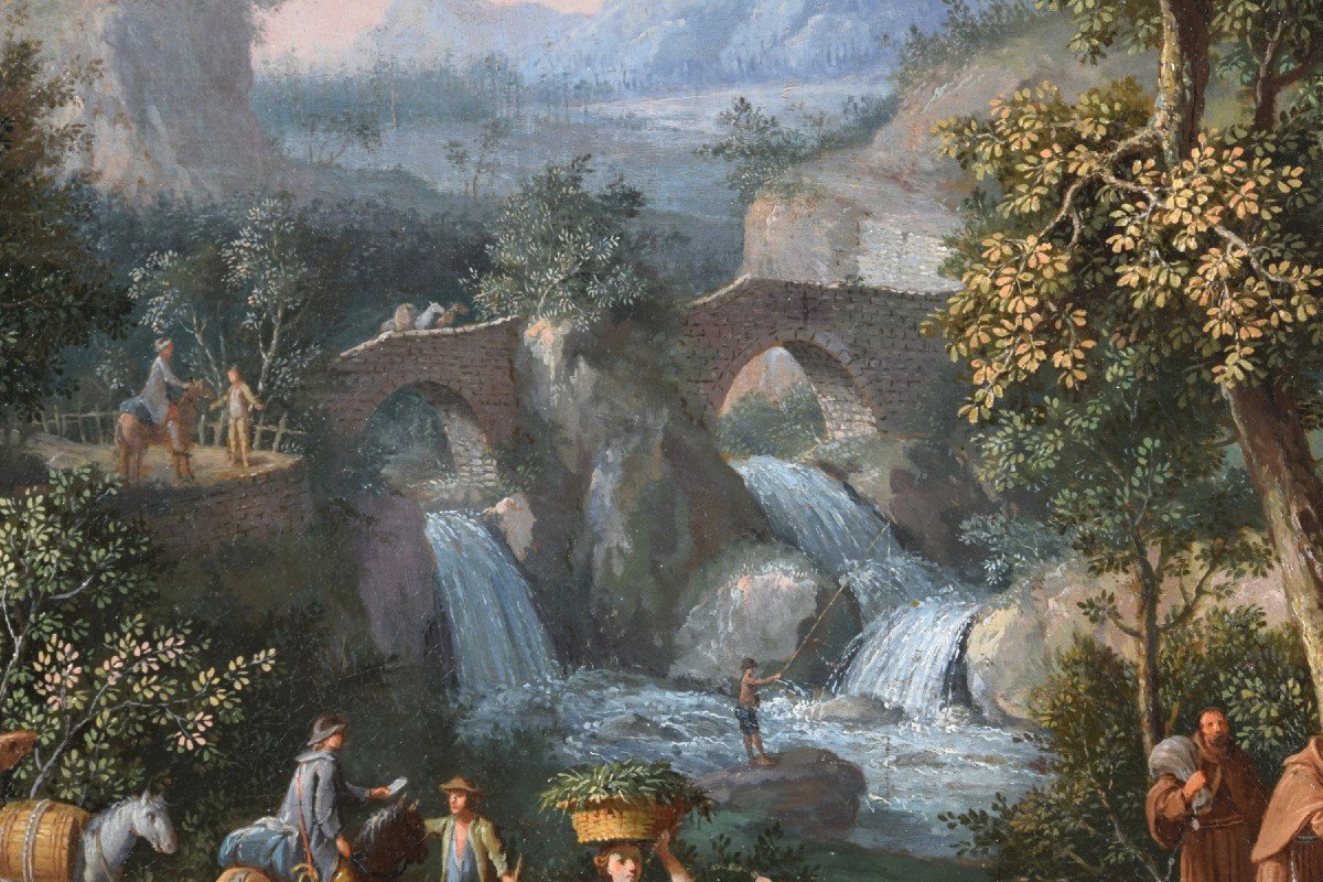 Giovanni Battista Innocenzo Colomba (1713 – 1793)  Paesaggio boscoso con figure, olio su tela-photo-8
