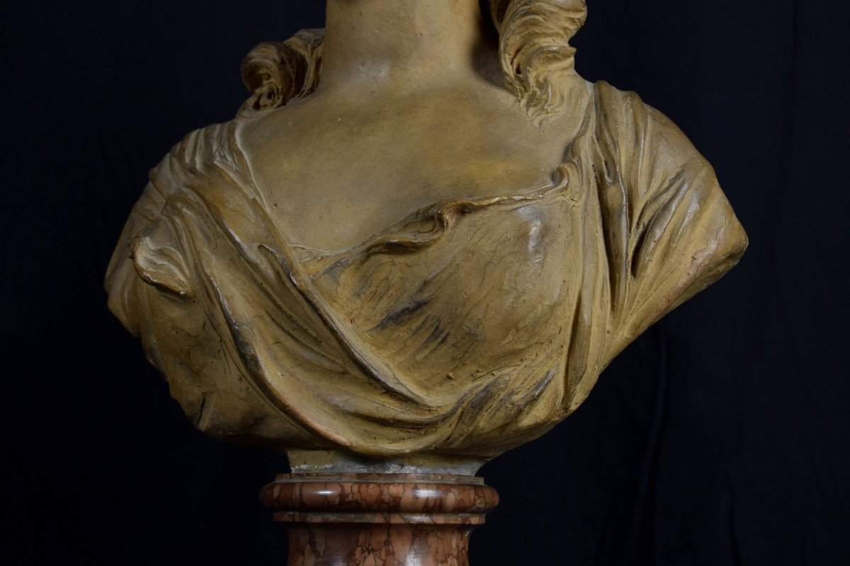 Busto in terracotta raffigurante nobildonna, base in marmo, Francia XIX secolo-photo-6