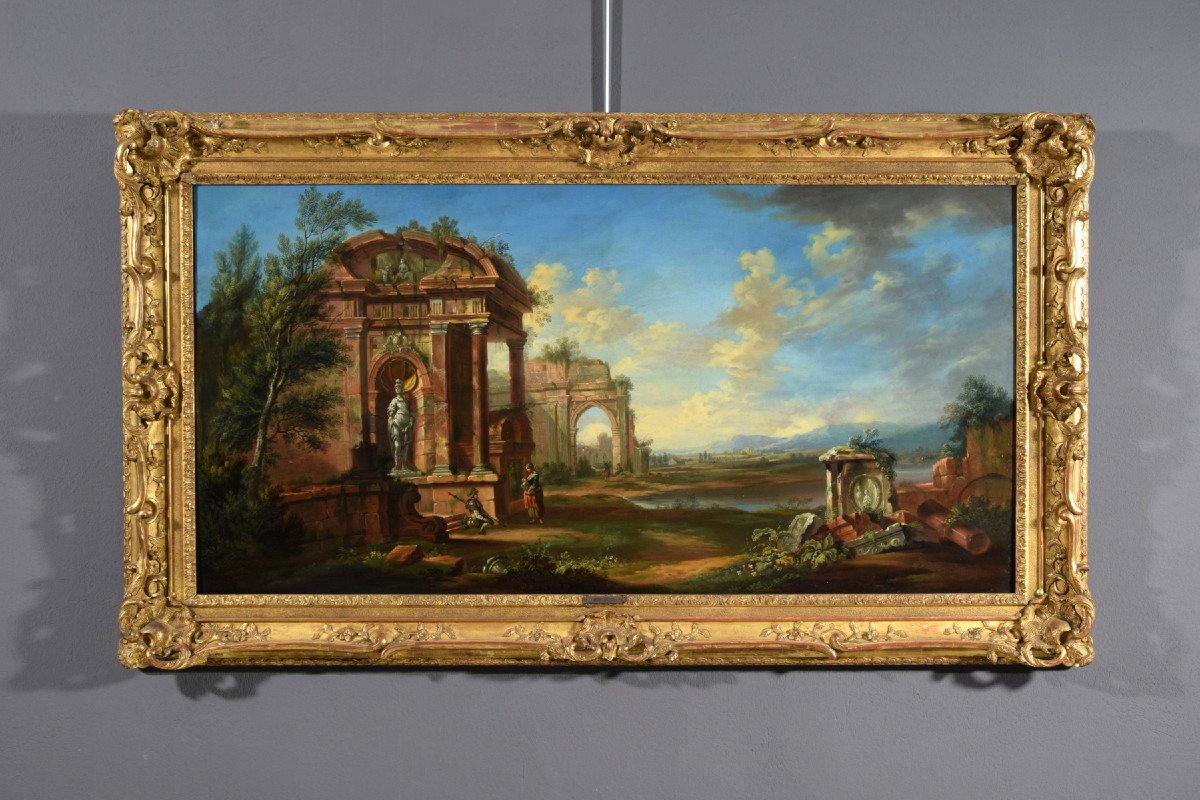 Paesaggio con rovine, scuola francese di fine XVIII secolo, olio su tela. -photo-2