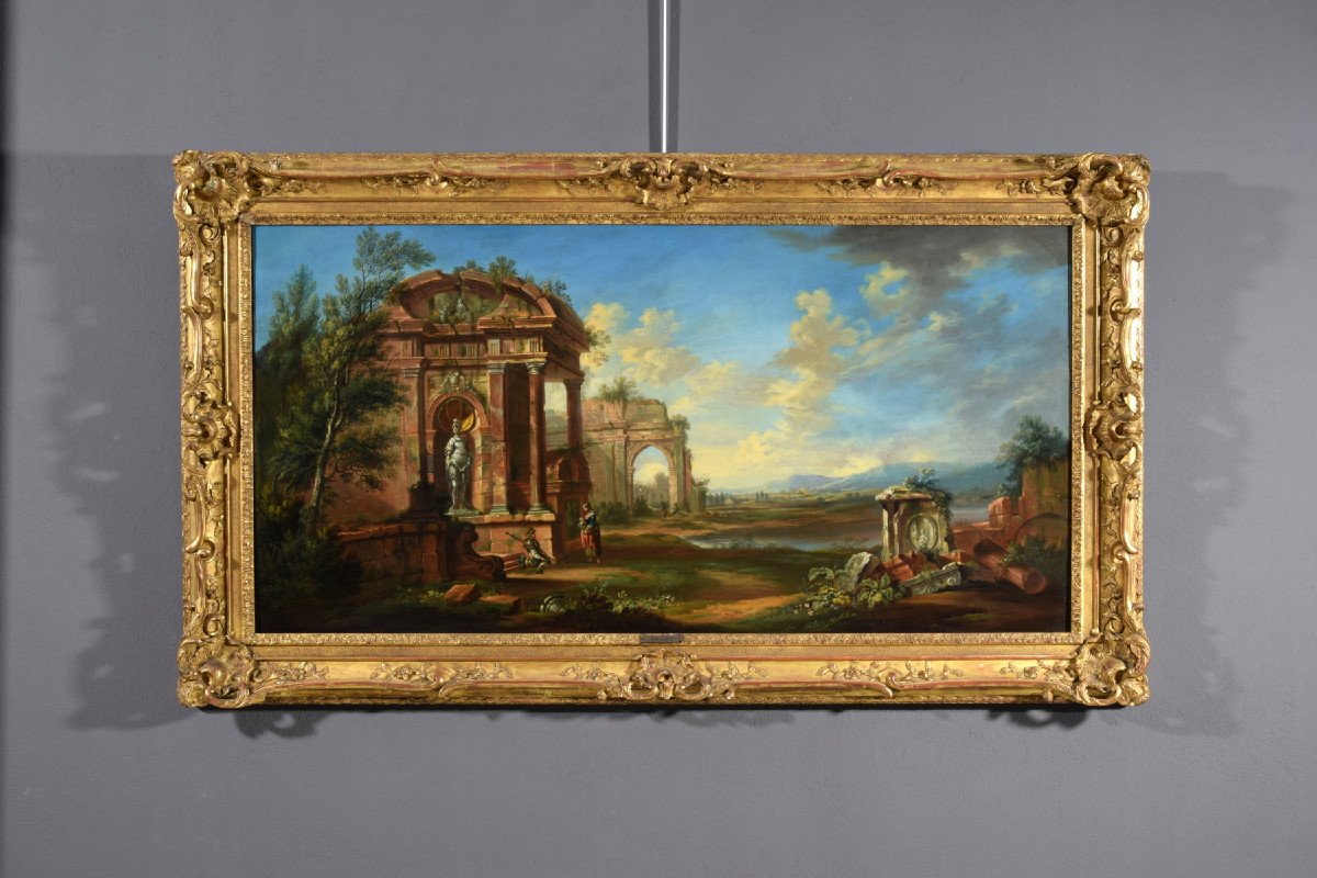 Paesaggio con rovine, scuola francese di fine XVIII secolo, olio su tela. -photo-3