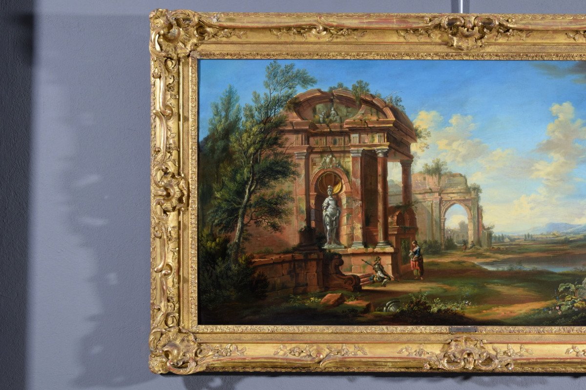 Paesaggio con rovine, scuola francese di fine XVIII secolo, olio su tela. -photo-1