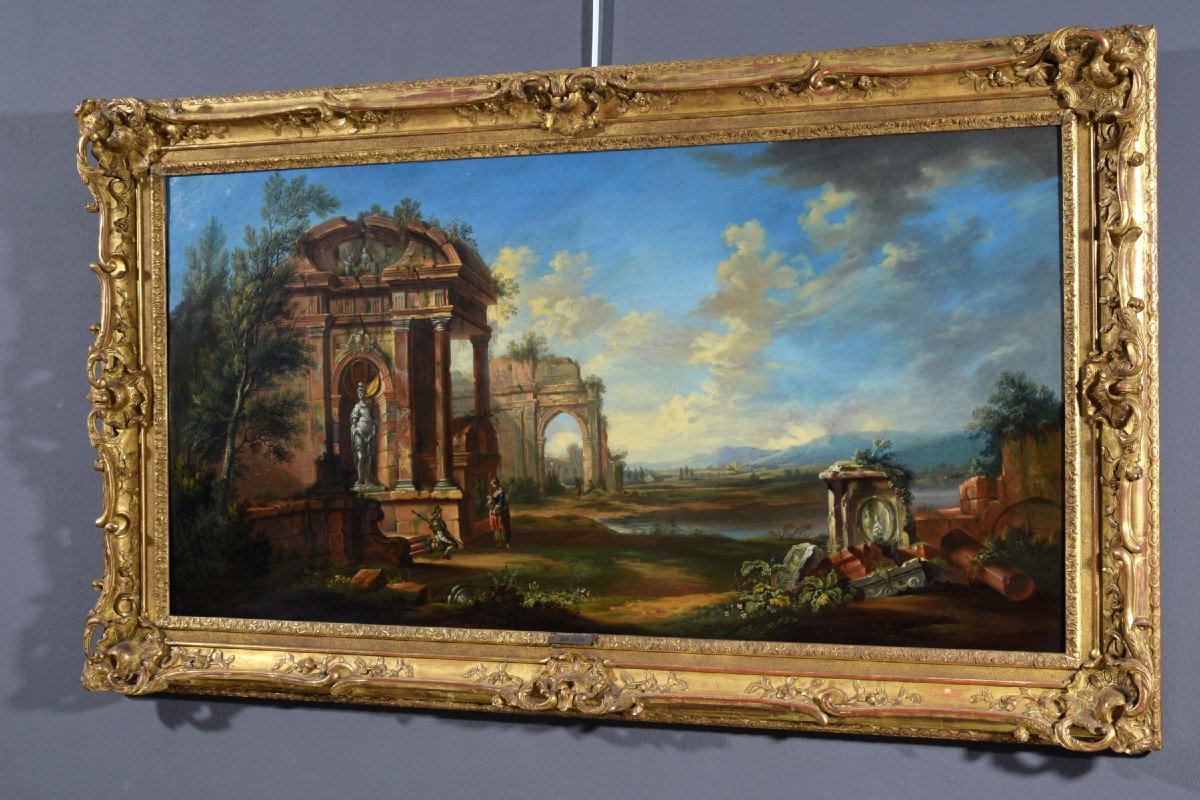 Paesaggio con rovine, scuola francese di fine XVIII secolo, olio su tela. -photo-4