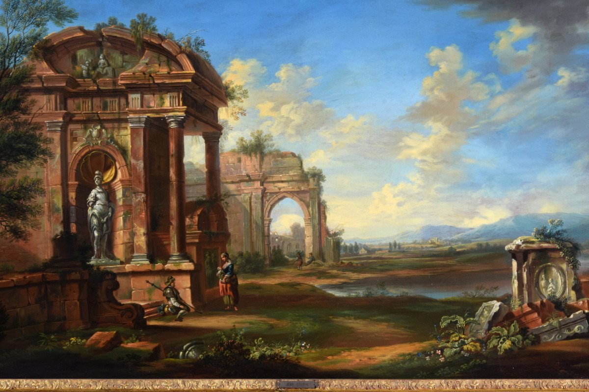 Paesaggio con rovine, scuola francese di fine XVIII secolo, olio su tela. -photo-5