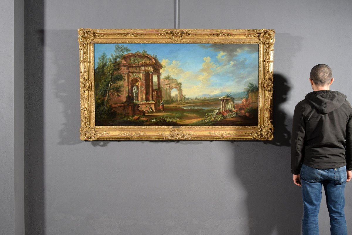 Paesaggio con rovine, scuola francese di fine XVIII secolo, olio su tela. -photo-6