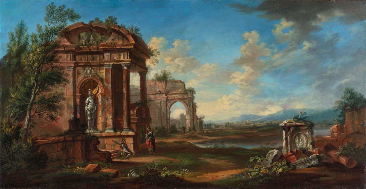 Paesaggio con rovine, scuola francese di fine XVIII secolo, olio su tela. -photo-7