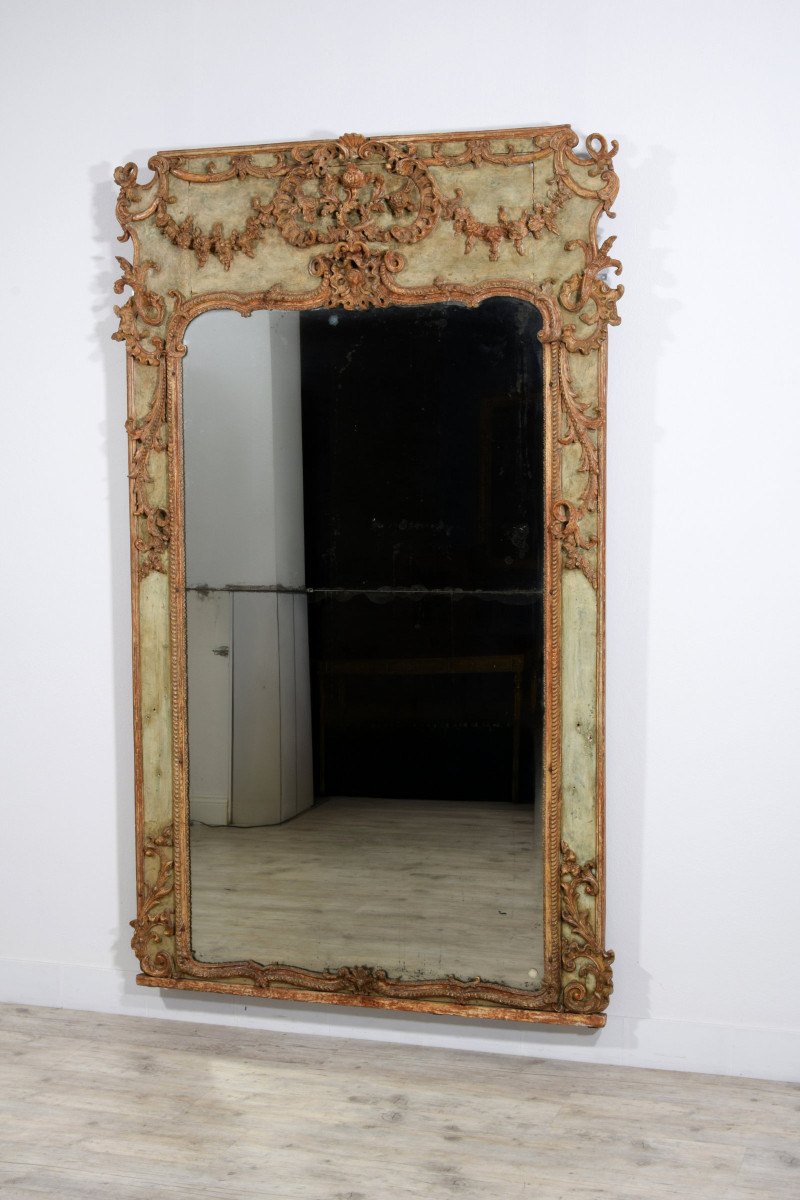 Grande specchiera in legno e pastiglia laccata, Italia, XVIII secolo-photo-2