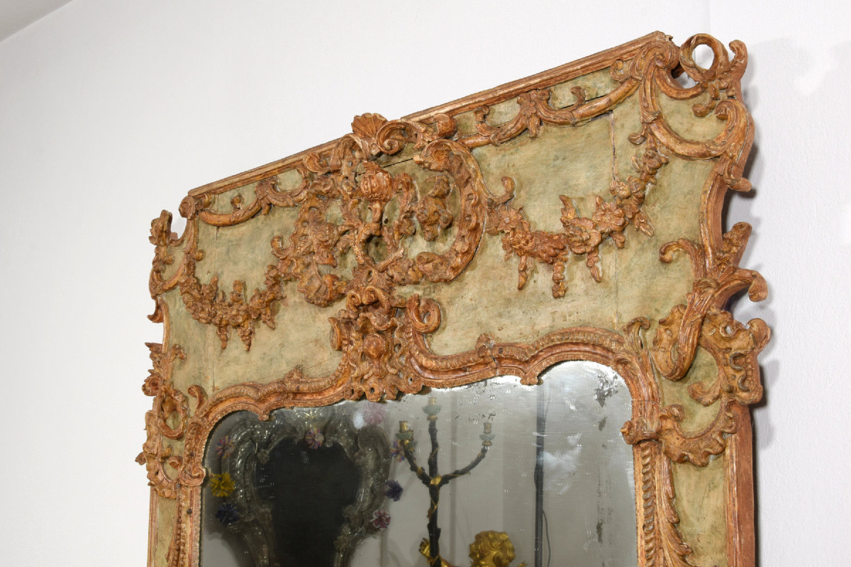 Grande specchiera in legno e pastiglia laccata, Italia, XVIII secolo-photo-3