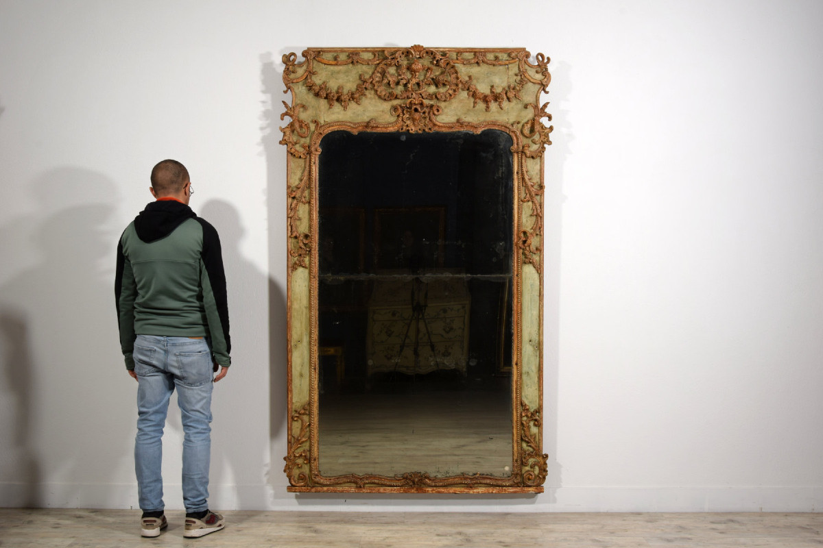 Grande specchiera in legno e pastiglia laccata, Italia, XVIII secolo-photo-6