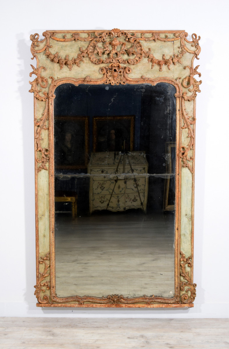Grande specchiera in legno e pastiglia laccata, Italia, XVIII secolo-photo-7