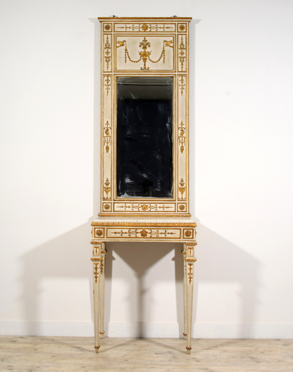 Consolle con specchiera neoclassica in legno intagliato, laccato e dorato, Napoli, primi anni d-photo-2