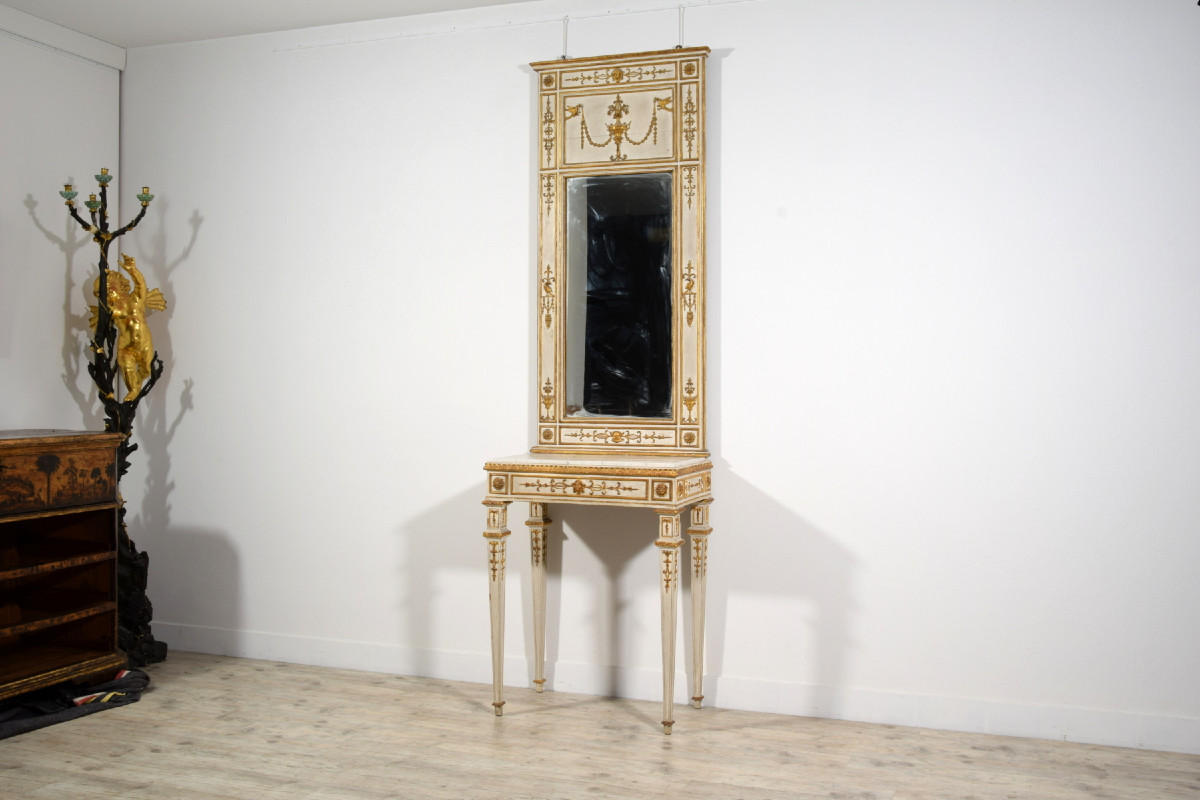 Consolle con specchiera neoclassica in legno intagliato, laccato e dorato, Napoli, primi anni d-photo-3