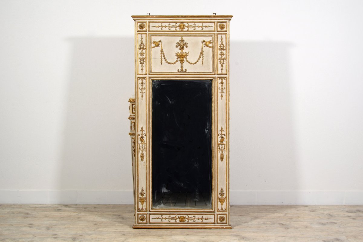 Consolle con specchiera neoclassica in legno intagliato, laccato e dorato, Napoli, primi anni d-photo-4