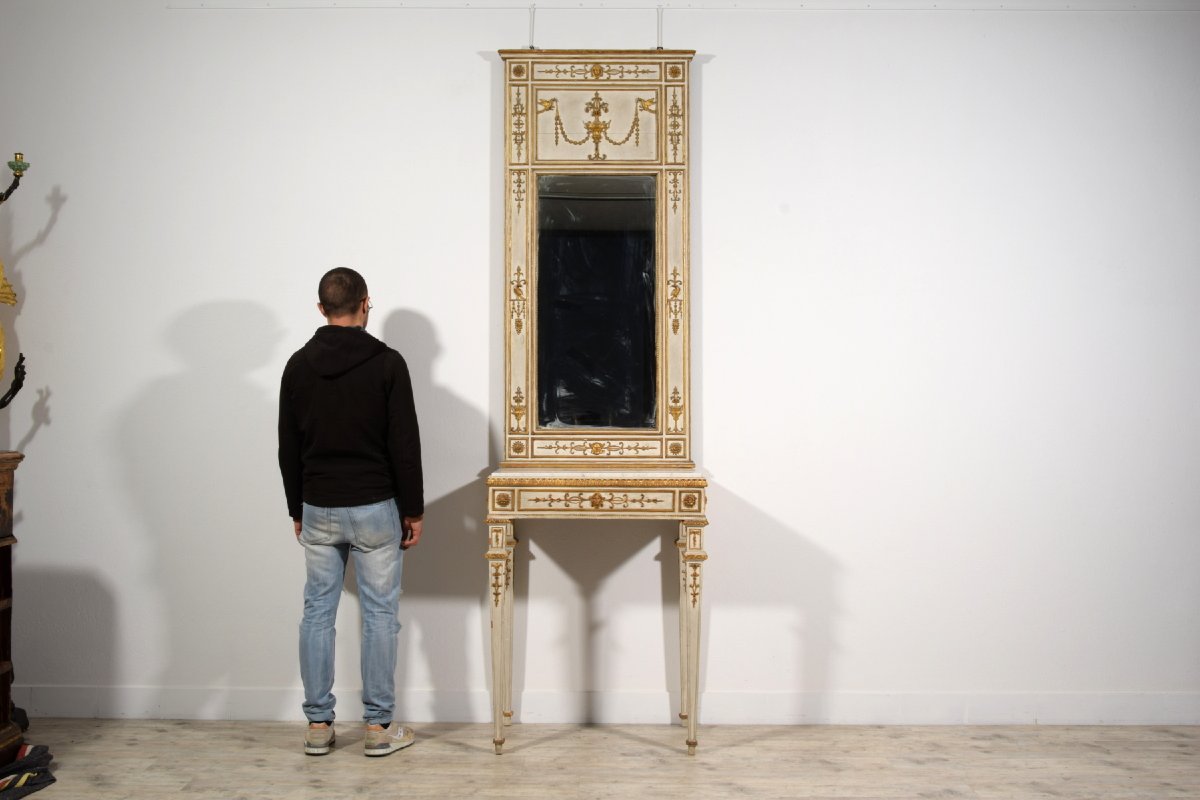 Consolle con specchiera neoclassica in legno intagliato, laccato e dorato, Napoli, primi anni d-photo-6