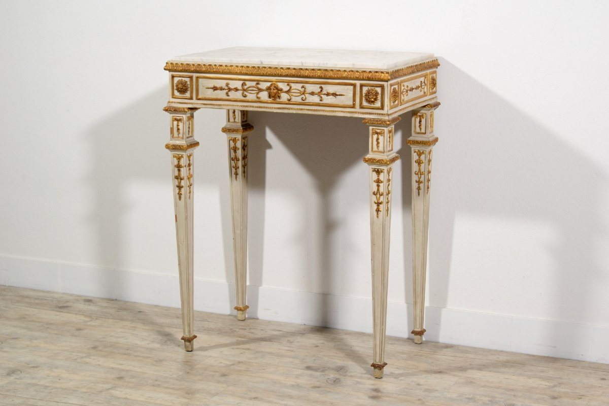 Consolle con specchiera neoclassica in legno intagliato, laccato e dorato, Napoli, primi anni d-photo-7