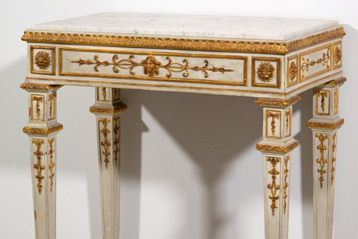 Consolle con specchiera neoclassica in legno intagliato, laccato e dorato, Napoli, primi anni d-photo-8