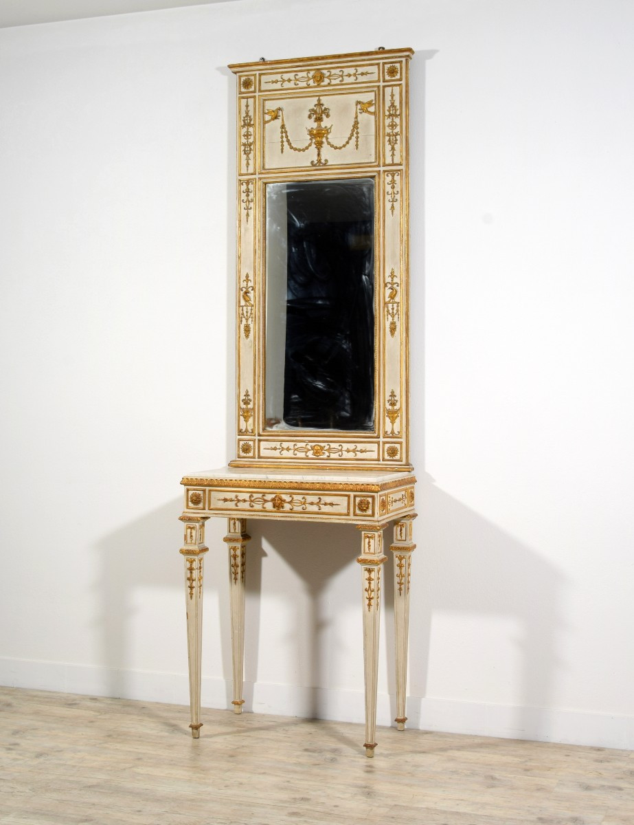Consolle con specchiera neoclassica in legno intagliato, laccato e dorato, Napoli, primi anni d