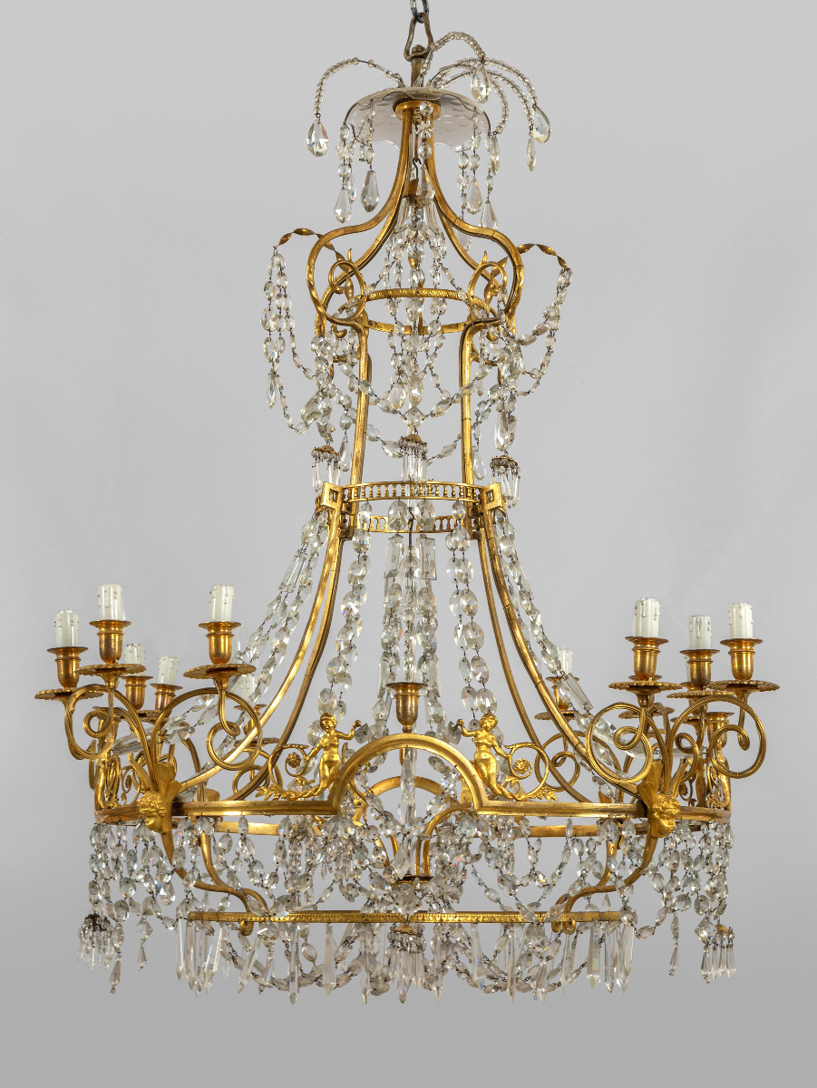 Grande lampadario a dodici luci in bronzo dorato e cristallo, Francia, XIX secolo-photo-2