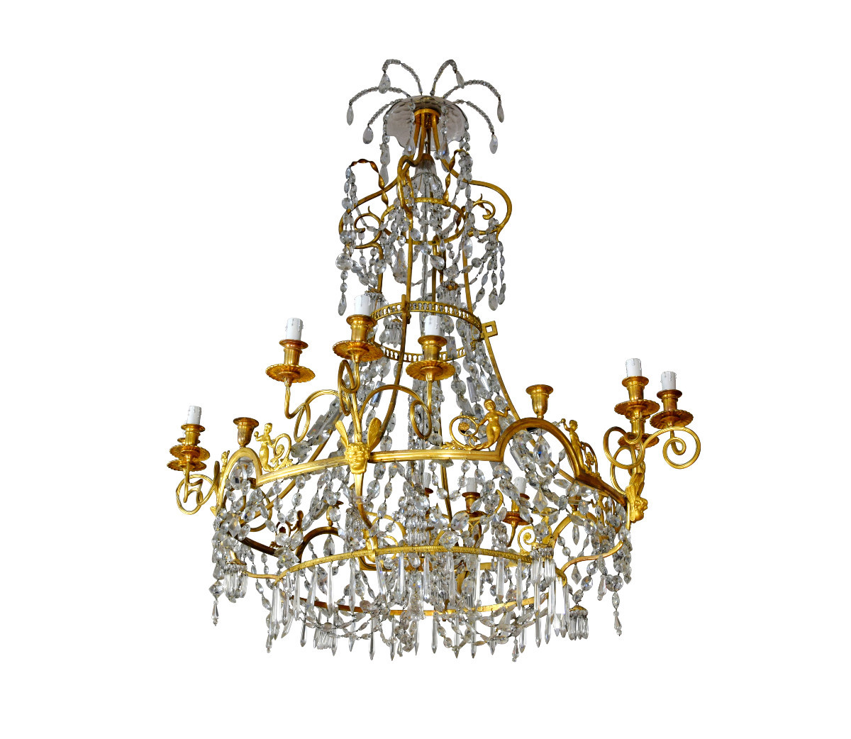 Grande lampadario a dodici luci in bronzo dorato e cristallo, Francia, XIX secolo-photo-3