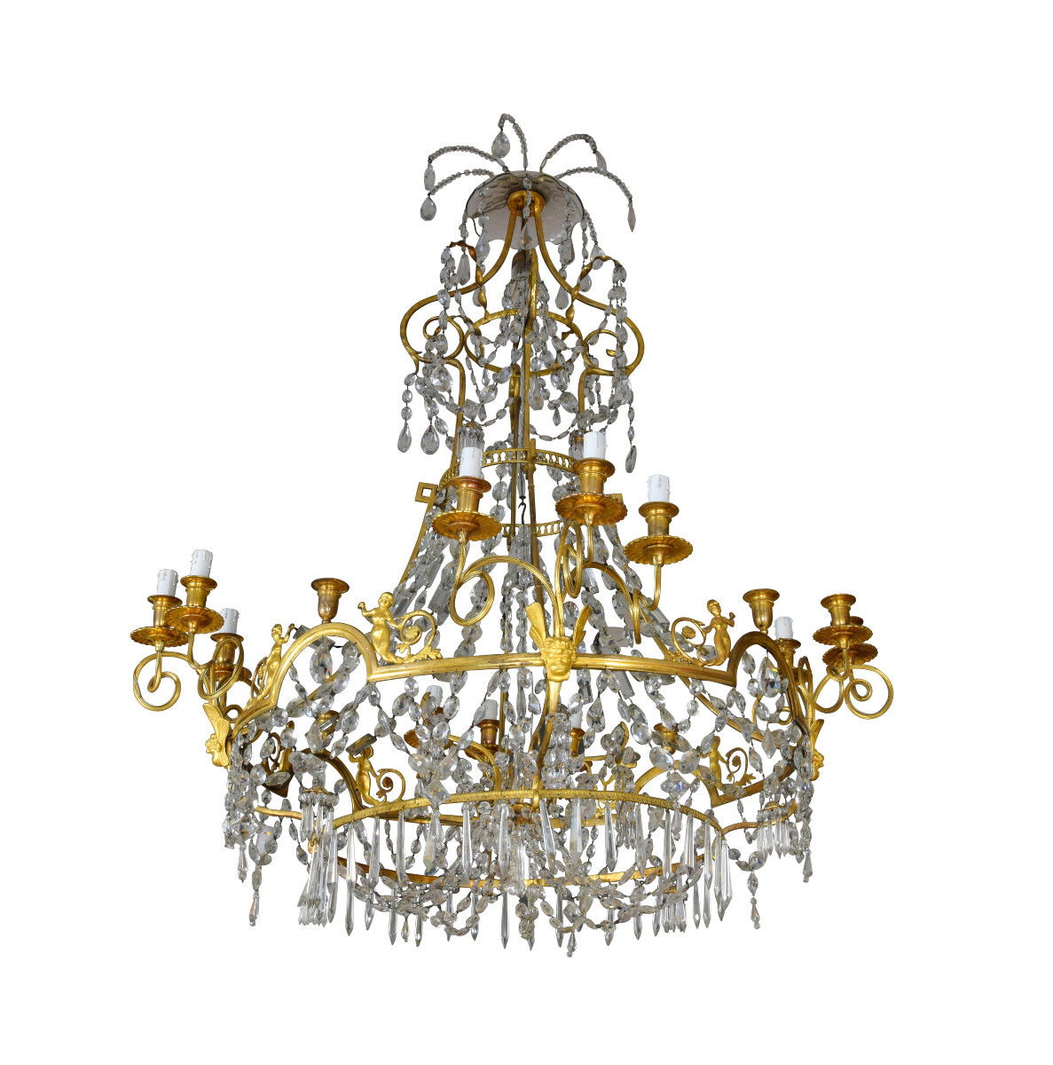 Grande lampadario a dodici luci in bronzo dorato e cristallo, Francia, XIX secolo-photo-4