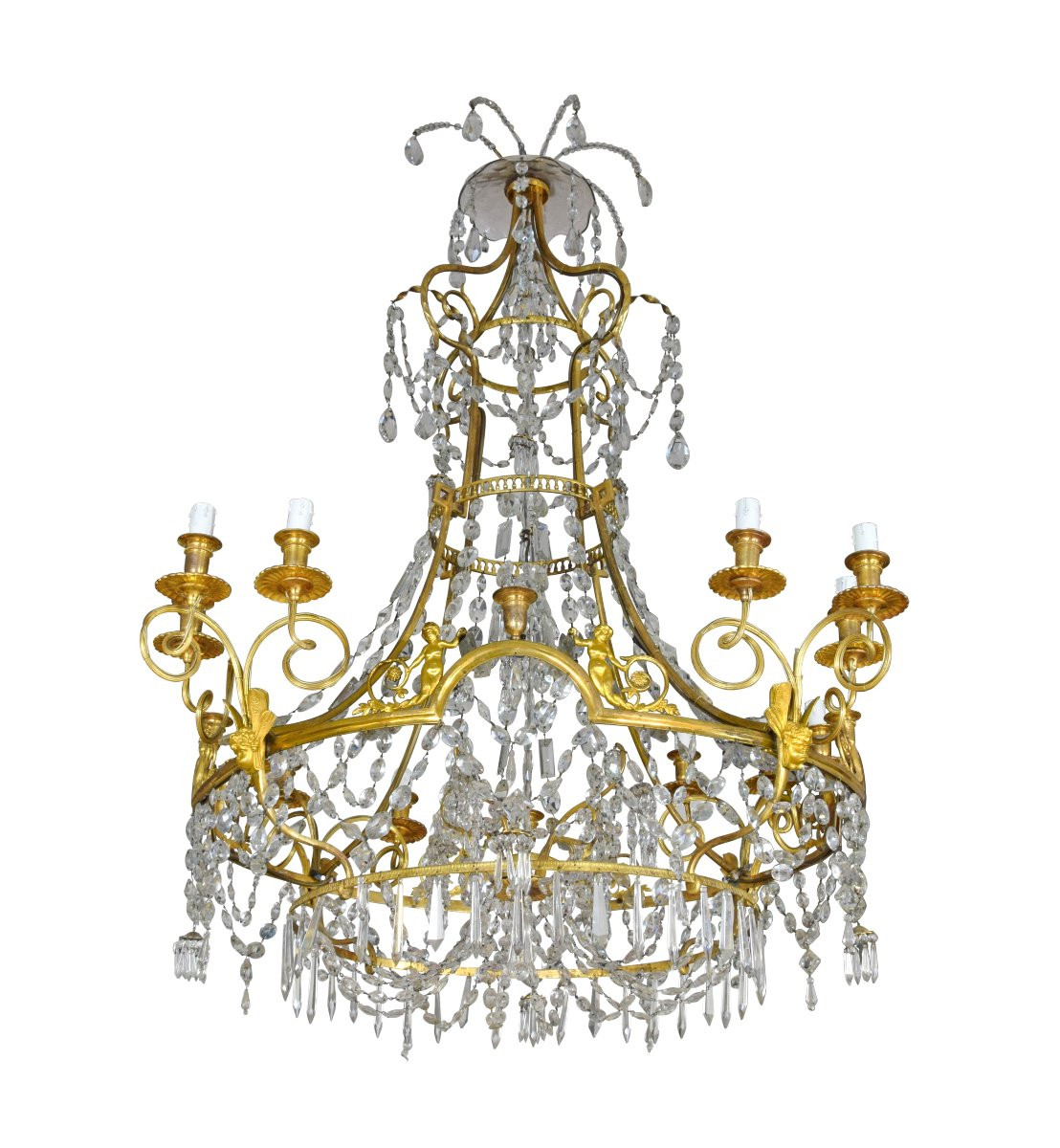 Grande lampadario a dodici luci in bronzo dorato e cristallo, Francia, XIX secolo-photo-1