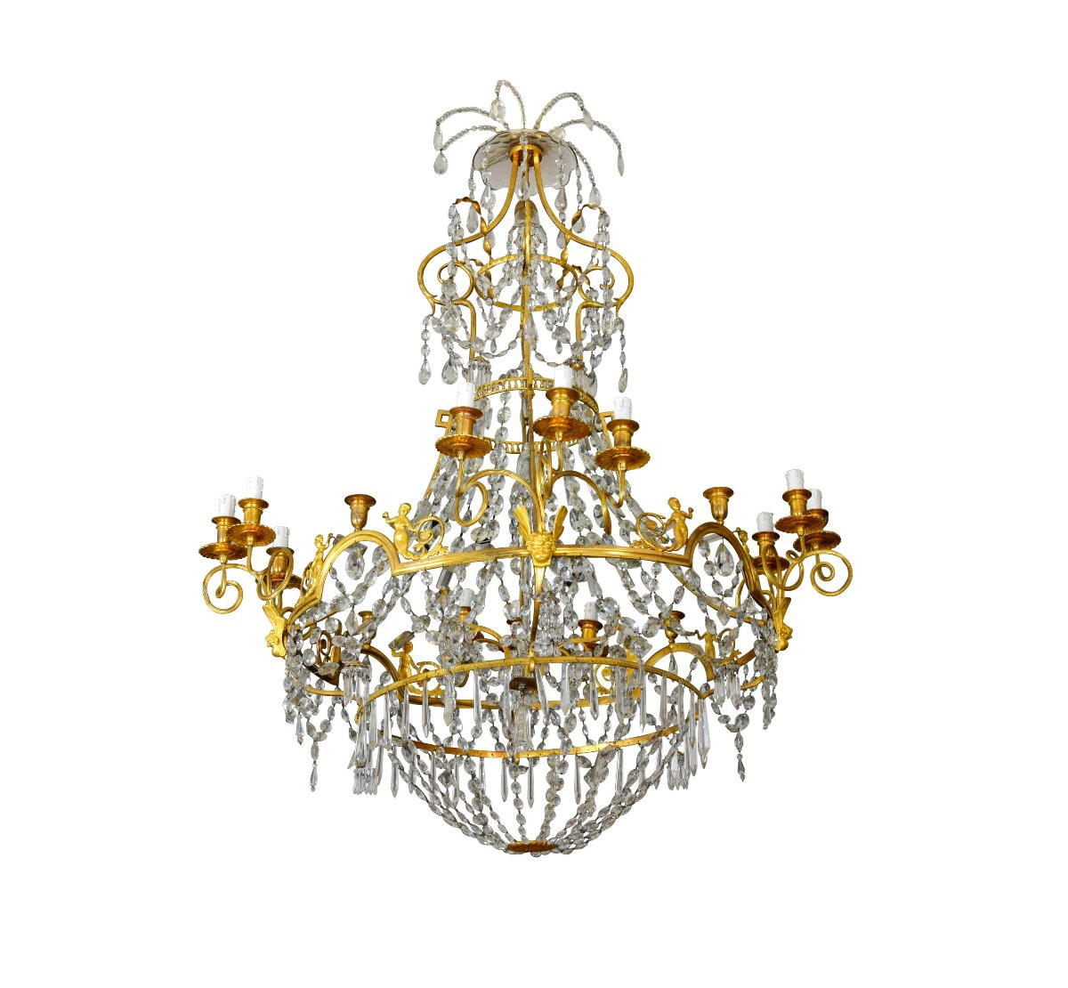Grande lampadario a dodici luci in bronzo dorato e cristallo, Francia, XIX secolo-photo-2