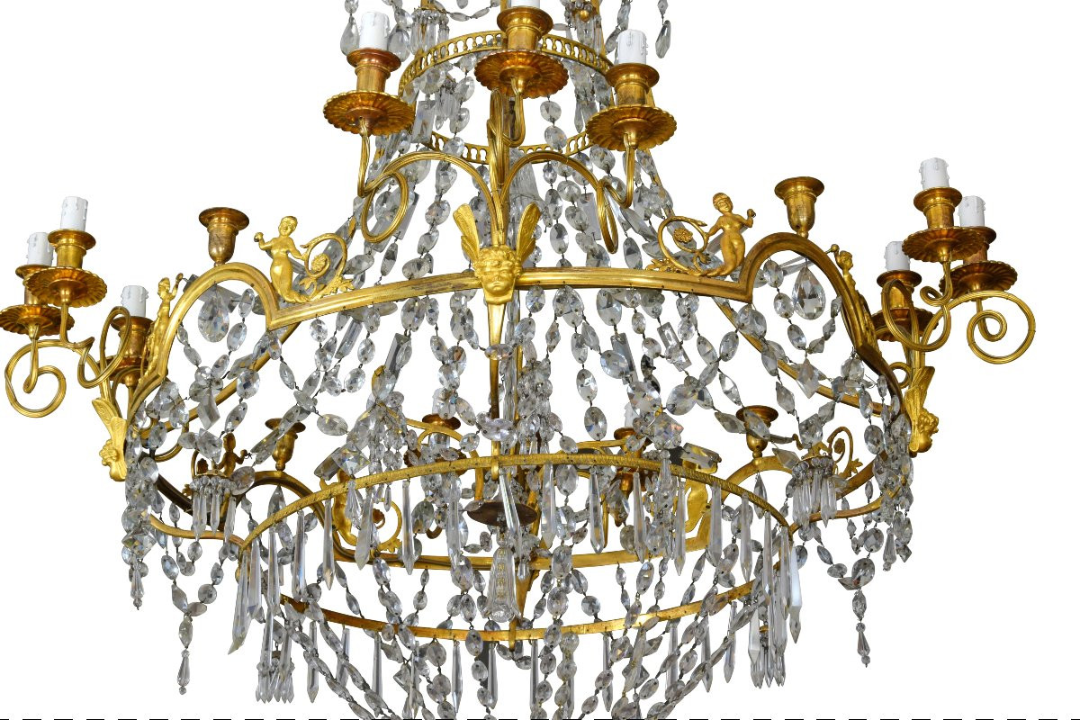 Grande lampadario a dodici luci in bronzo dorato e cristallo, Francia, XIX secolo-photo-3