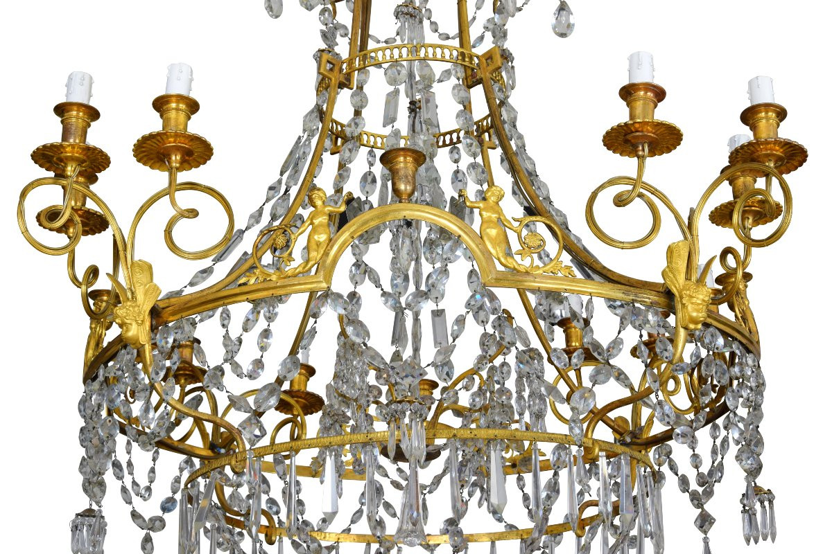 Grande lampadario a dodici luci in bronzo dorato e cristallo, Francia, XIX secolo-photo-4