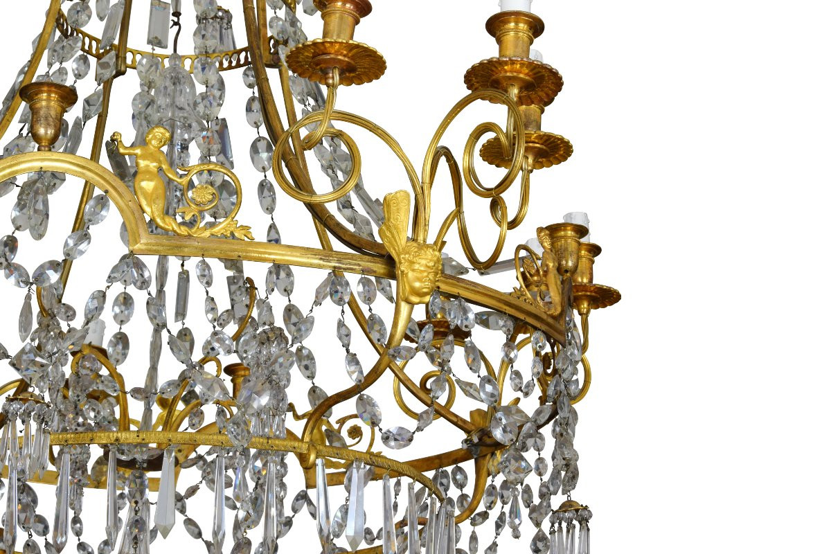 Grande lampadario a dodici luci in bronzo dorato e cristallo, Francia, XIX secolo-photo-5
