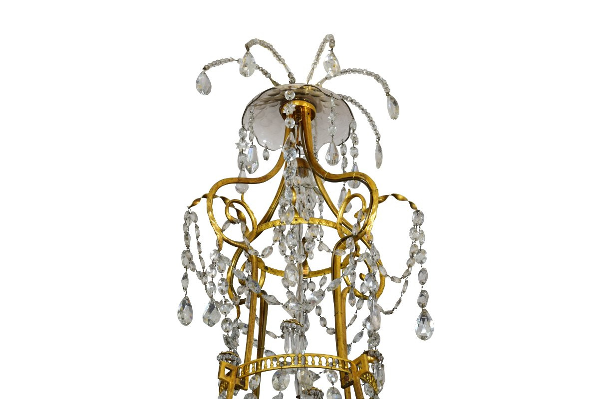 Grande lampadario a dodici luci in bronzo dorato e cristallo, Francia, XIX secolo-photo-6