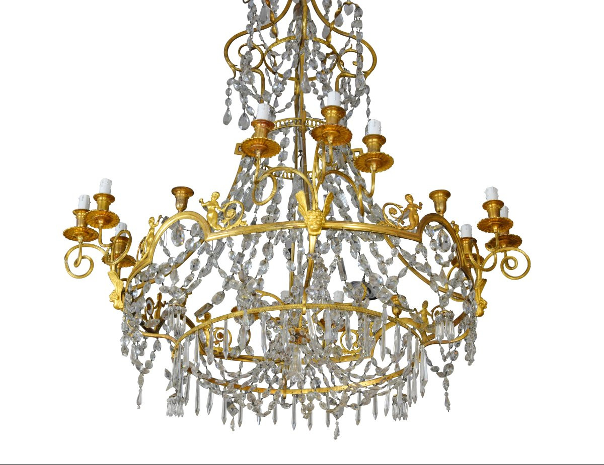 Grande lampadario a dodici luci in bronzo dorato e cristallo, Francia, XIX secolo-photo-8