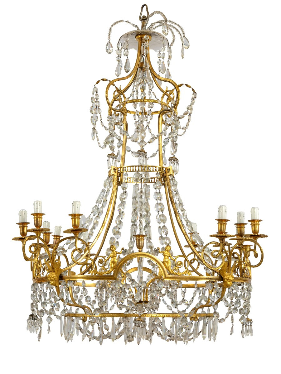 Grande lampadario a dodici luci in bronzo dorato e cristallo, Francia, XIX secolo