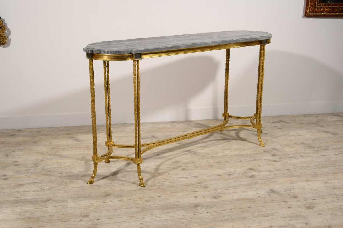Tavolo consolle da centro in bronzo dorato e marmo bardiglio, Maison Bagues, Francia, XX secolo-photo-4