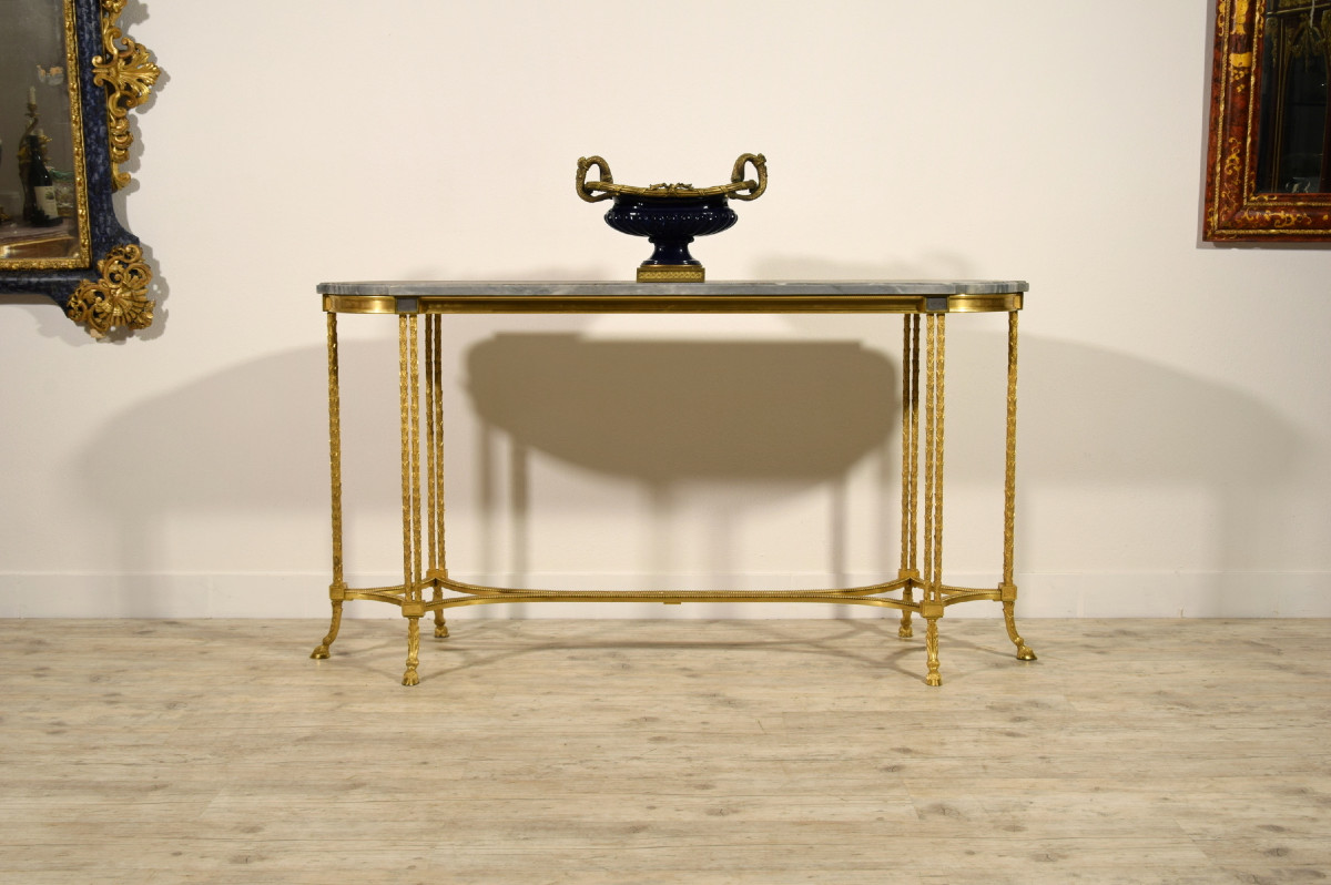 Tavolo consolle da centro in bronzo dorato e marmo bardiglio, Maison Bagues, Francia, XX secolo-photo-7