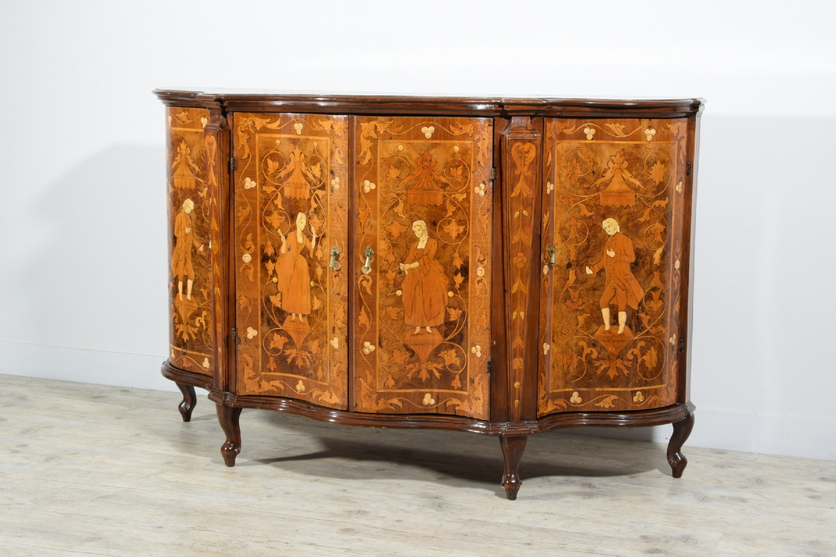 Credenza in legno intarsiata, Italia, XIX secolo stile luigi XV-photo-2