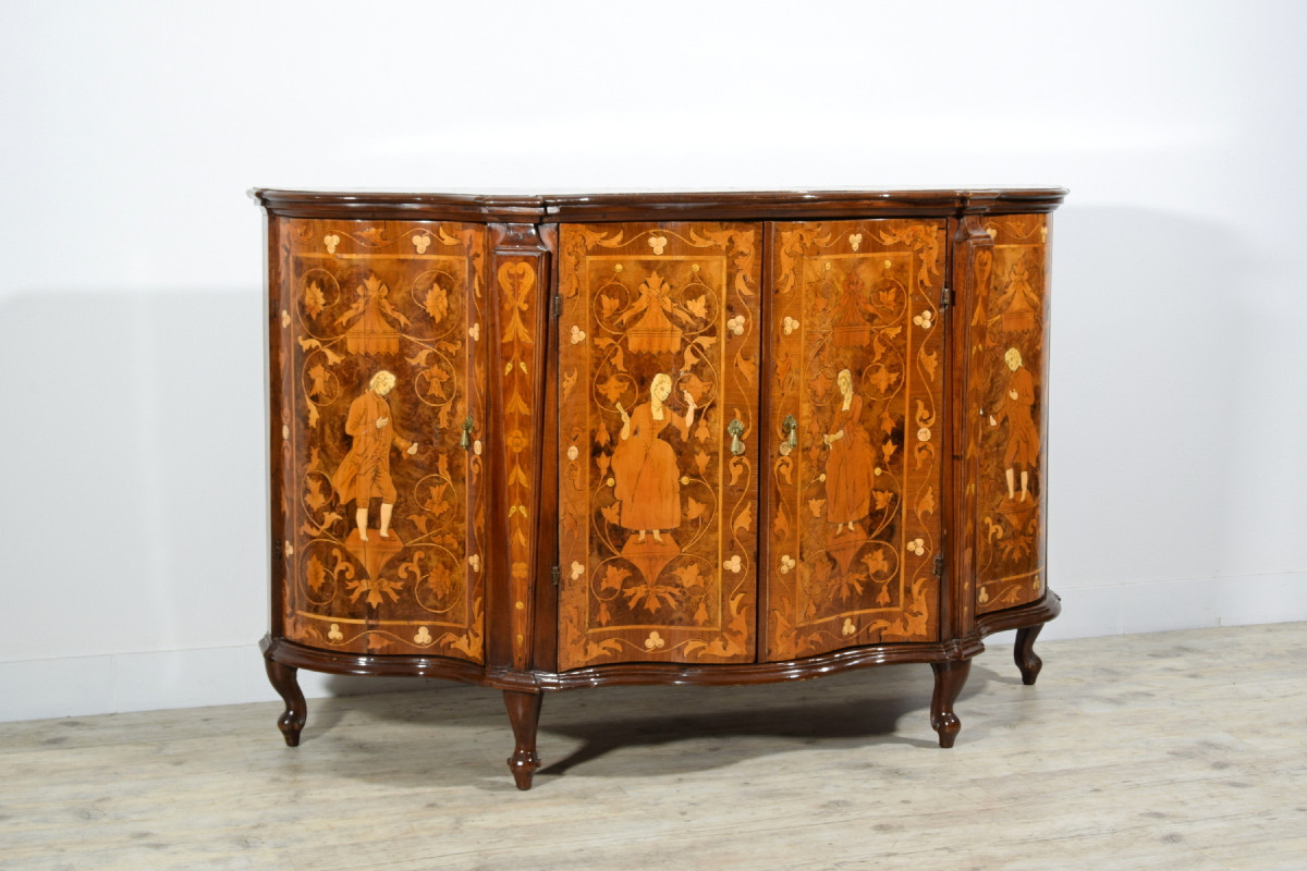Credenza in legno intarsiata, Italia, XIX secolo stile luigi XV-photo-3