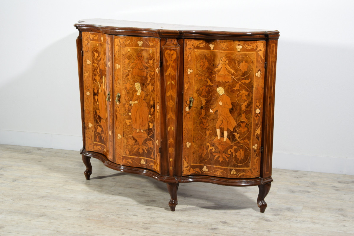 Credenza in legno intarsiata, Italia, XIX secolo stile luigi XV-photo-4