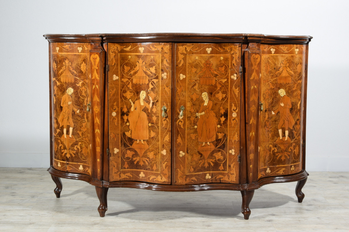 Credenza in legno intarsiata, Italia, XIX secolo stile luigi XV-photo-1