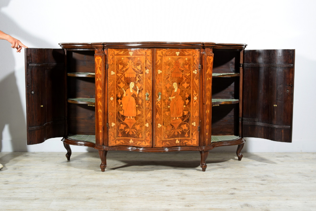 Credenza in legno intarsiata, Italia, XIX secolo stile luigi XV-photo-4