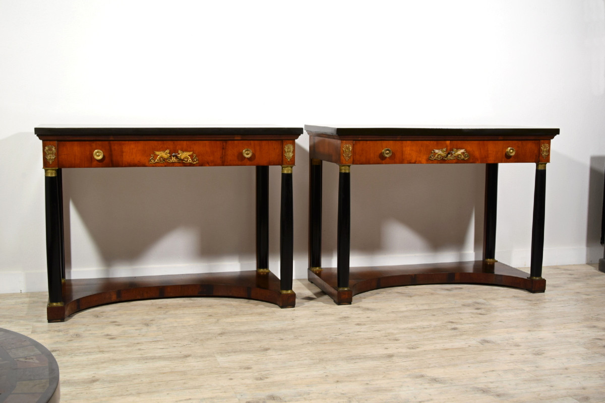 Coppia di grandi consolle Impero in legno laccato, Toscana, primi anni XIX secolo-photo-3