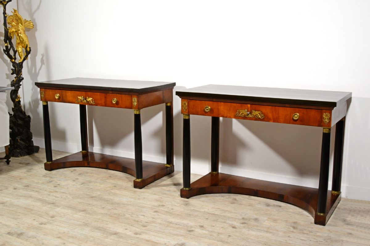 Coppia di grandi consolle Impero in legno laccato, Toscana, primi anni XIX secolo-photo-4
