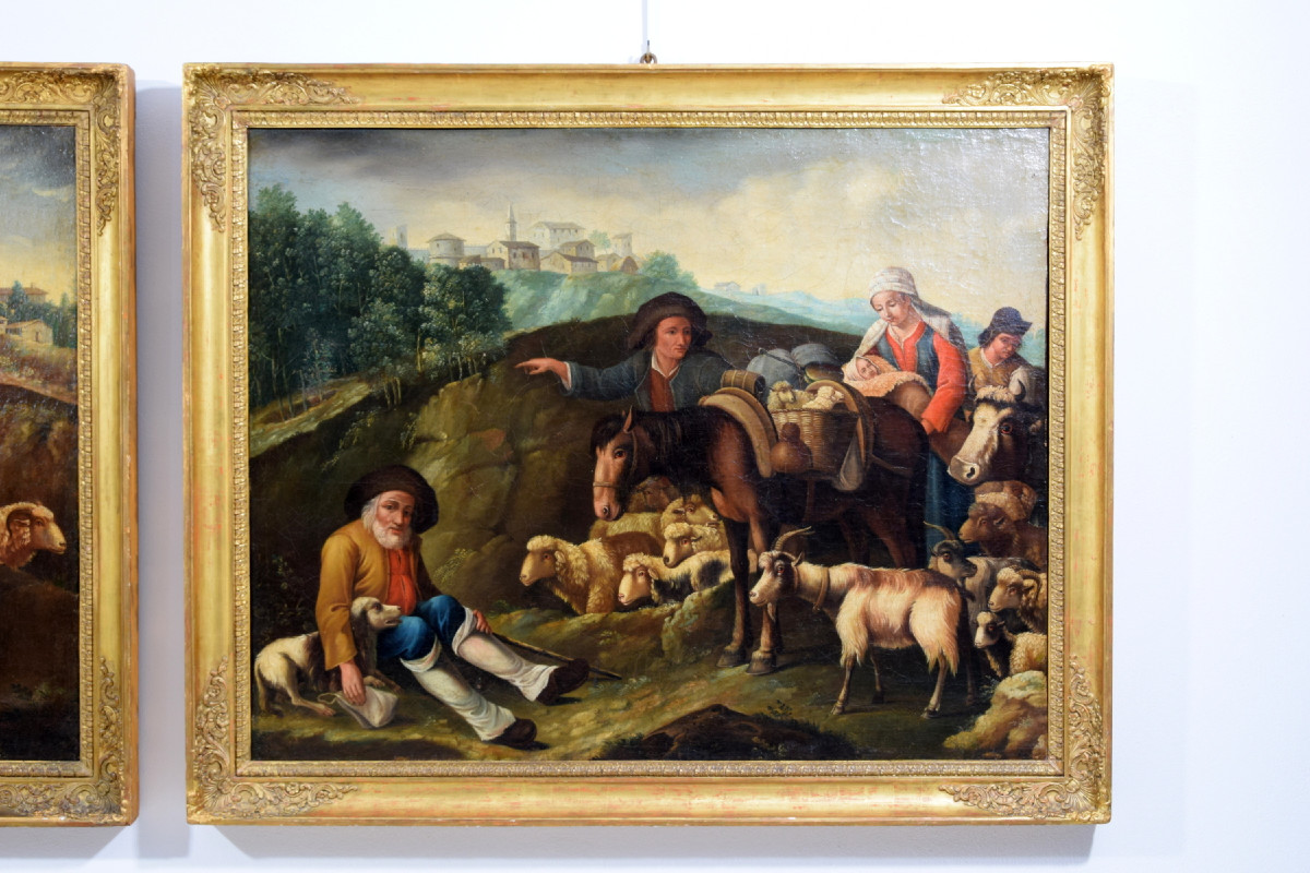 Coppia di grandi dipinti raffiguranti scene pastorali, scuola dei Londonio, XVIII secolo-photo-3