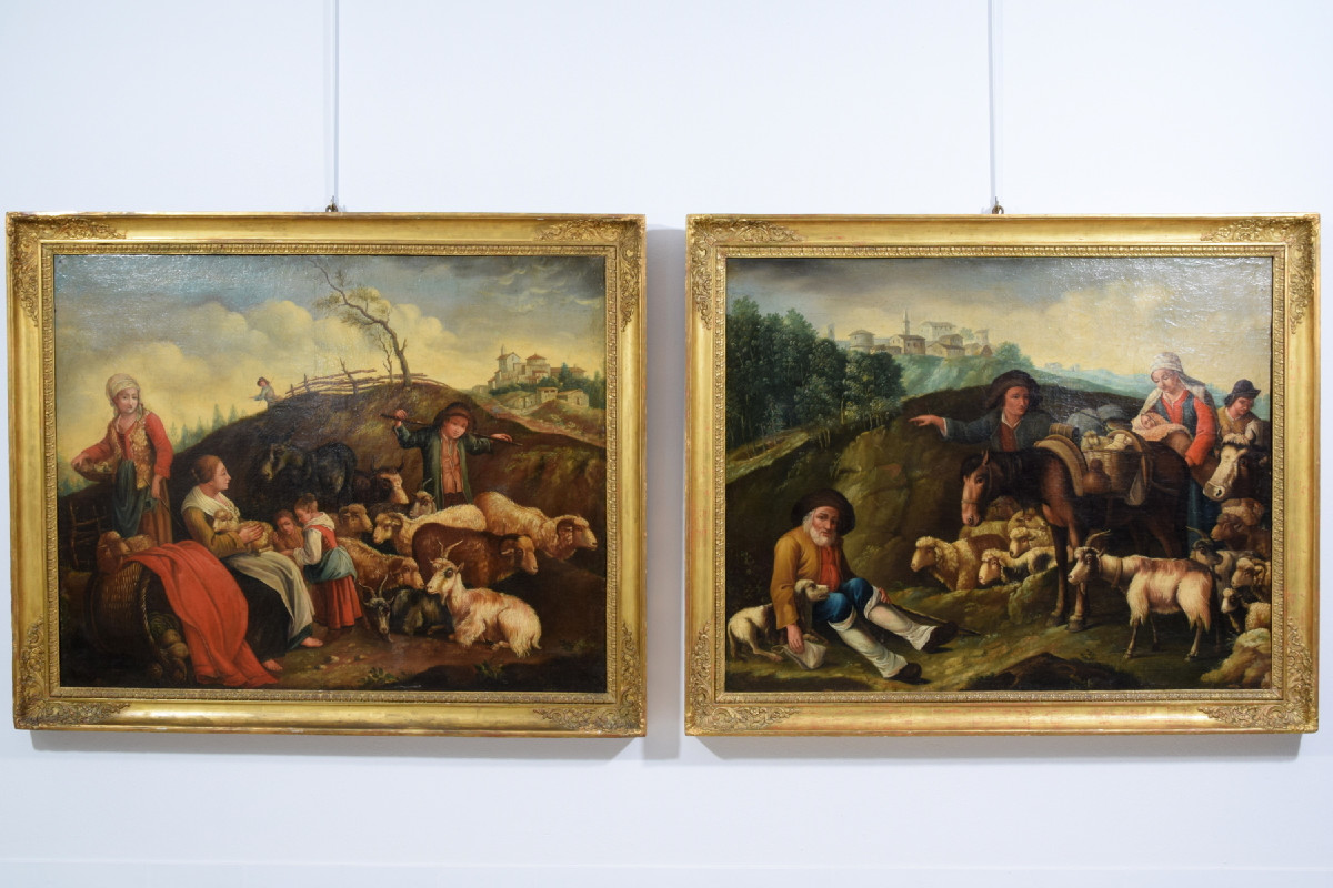 Coppia di grandi dipinti raffiguranti scene pastorali, scuola dei Londonio, XVIII secolo-photo-4