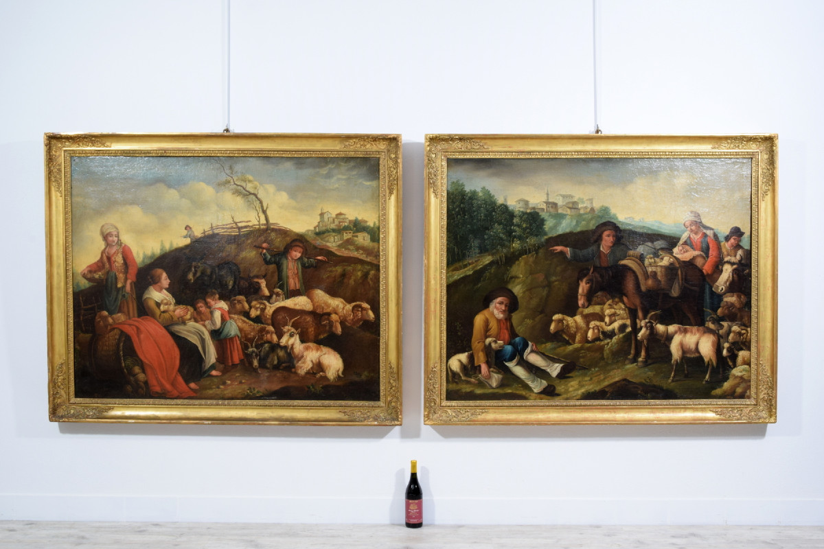 Coppia di grandi dipinti raffiguranti scene pastorali, scuola dei Londonio, XVIII secolo-photo-1