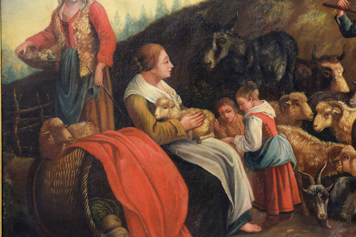 Coppia di grandi dipinti raffiguranti scene pastorali, scuola dei Londonio, XVIII secolo-photo-3