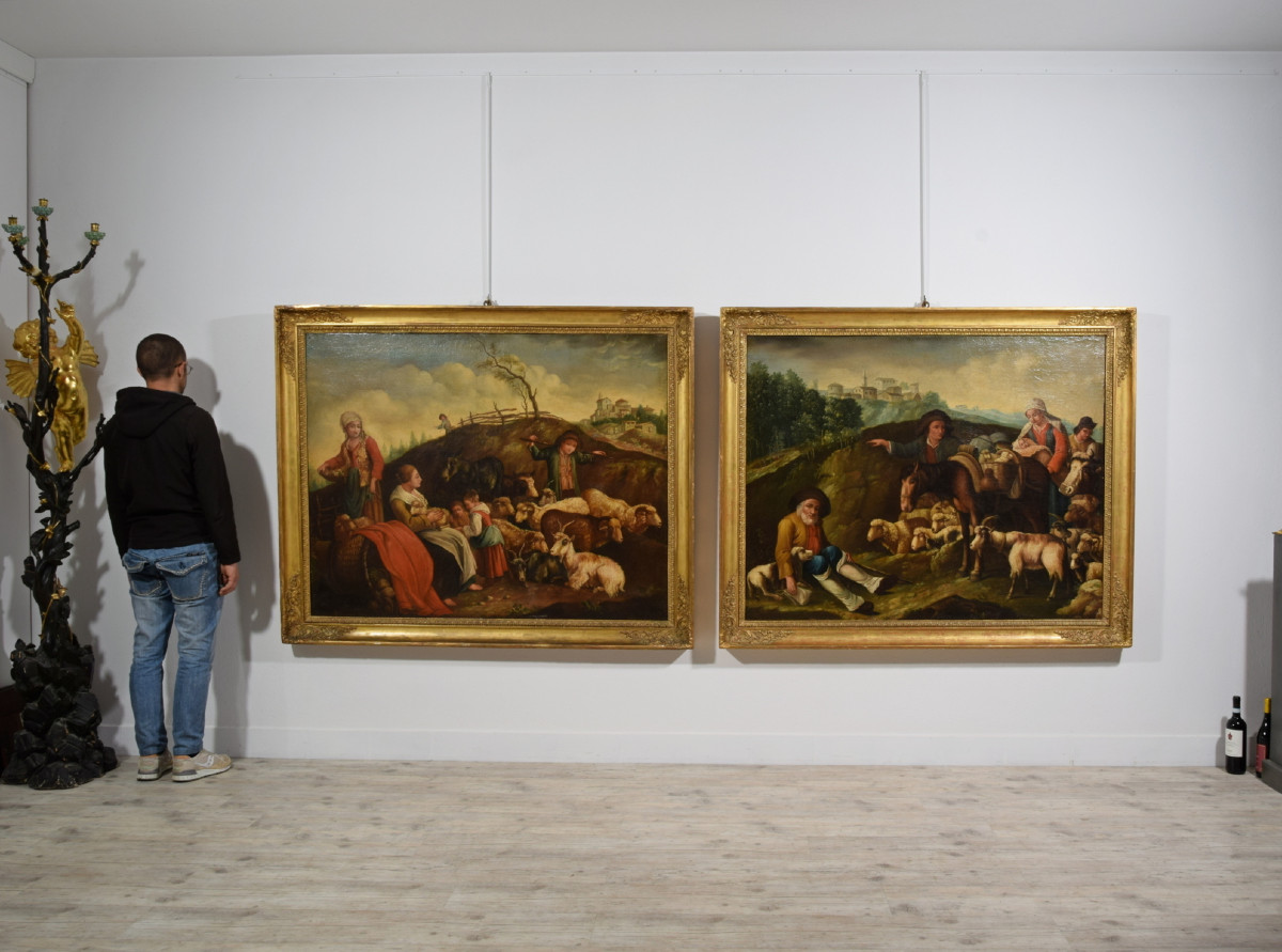 Coppia di grandi dipinti raffiguranti scene pastorali, scuola dei Londonio, XVIII secolo-photo-6